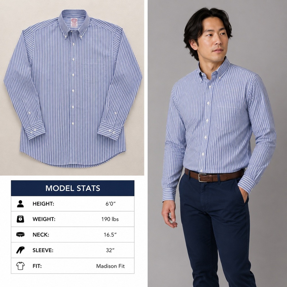 Brooks Brothers Madison Non-Iron Shirt Mens 16.5 32 Blue Stripe Supima Cotton